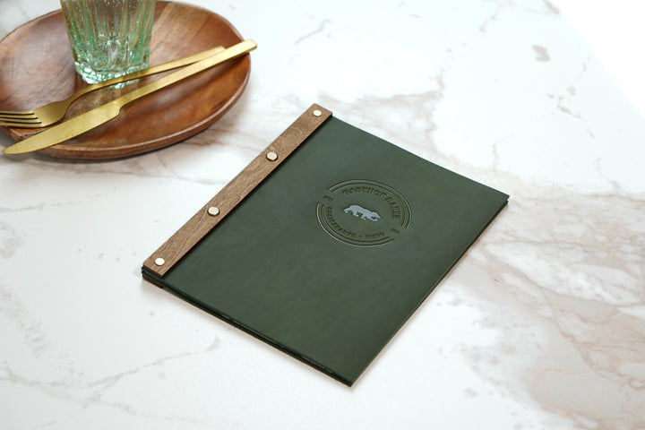 Embossed Leather & Wood Restaurant Menu: Vintage Menu Folder