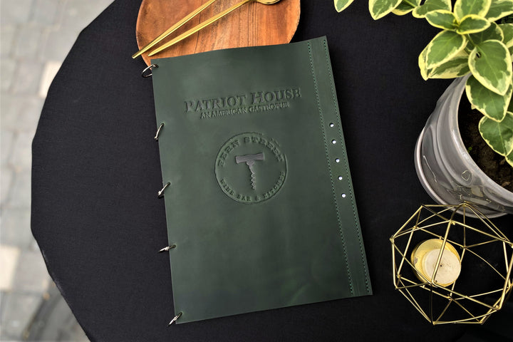 Personalized Leather Restaurant Menu Cover, Wood & Metal Ring Binder