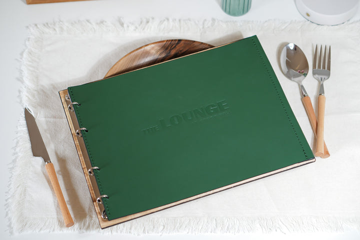 Elegant Ashwood and Leather Menu Folder with ring binding