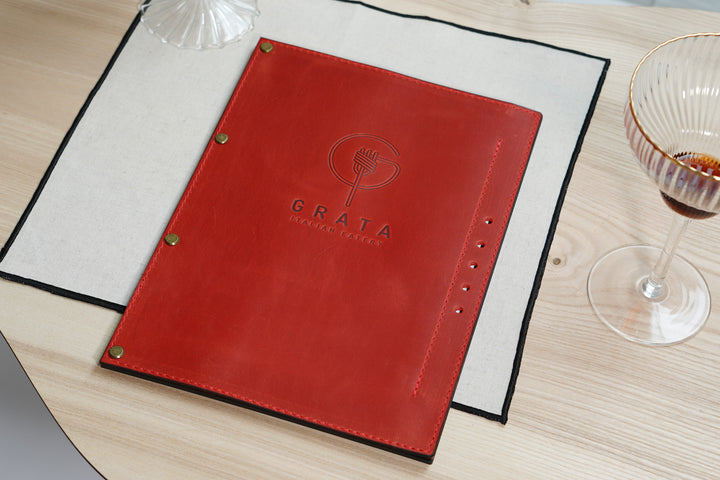 Leather & Wood Menu Cover: Embossed Logo Vintage Menu Board