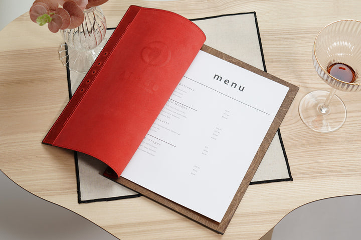 Leather & Wood Menu Cover: Embossed Logo Vintage Menu Board