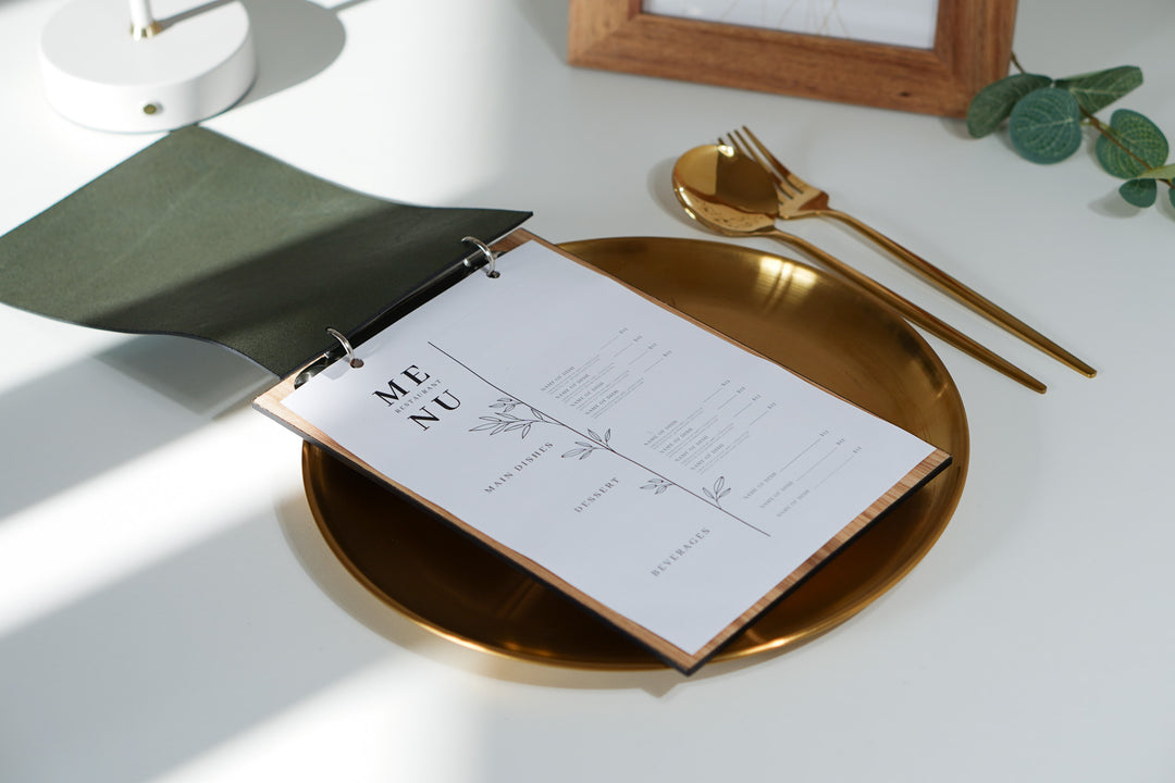 Elegant menu board with ring binding and Leather cover