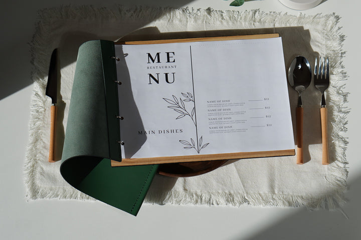 Elegant Ashwood and Leather Menu Folder with ring binding