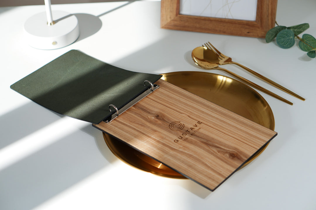 Elegant menu board with ring binding and Leather cover