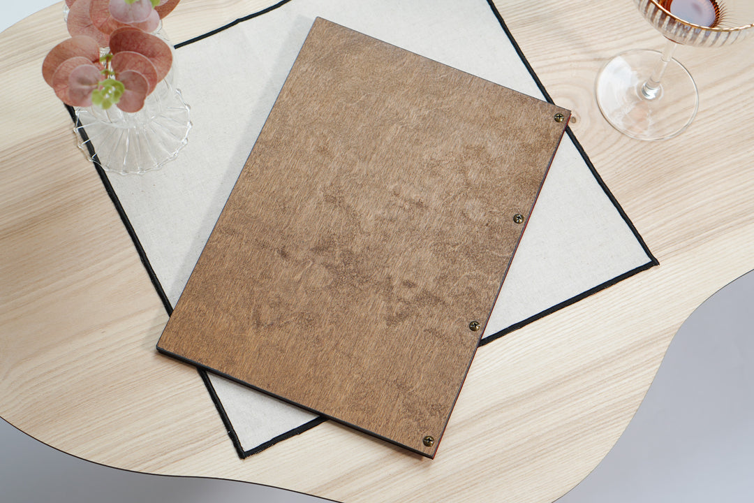 Leather & Wood Menu Cover: Embossed Logo Vintage Menu Board
