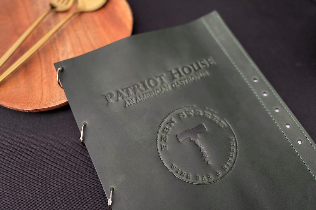 Personalized Leather Restaurant Menu Cover, Wood & Metal Ring Binder