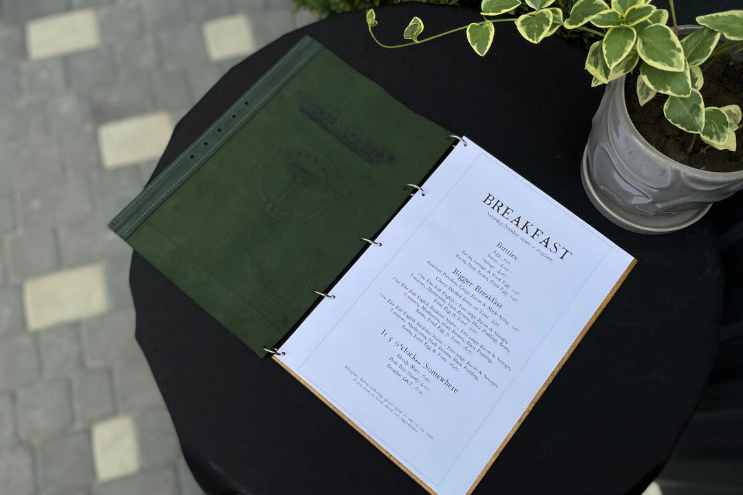 Personalized Leather Restaurant Menu Cover, Wood & Metal Ring Binder