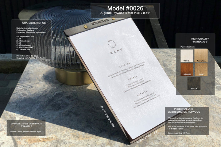 Wooden Menu Folder: Leather Menu Cover, Restaurant Guest Book