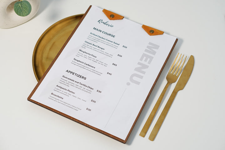 Personalized Wooden Menu Board with Leather Clip: Restaurant Cafe Menu Cover