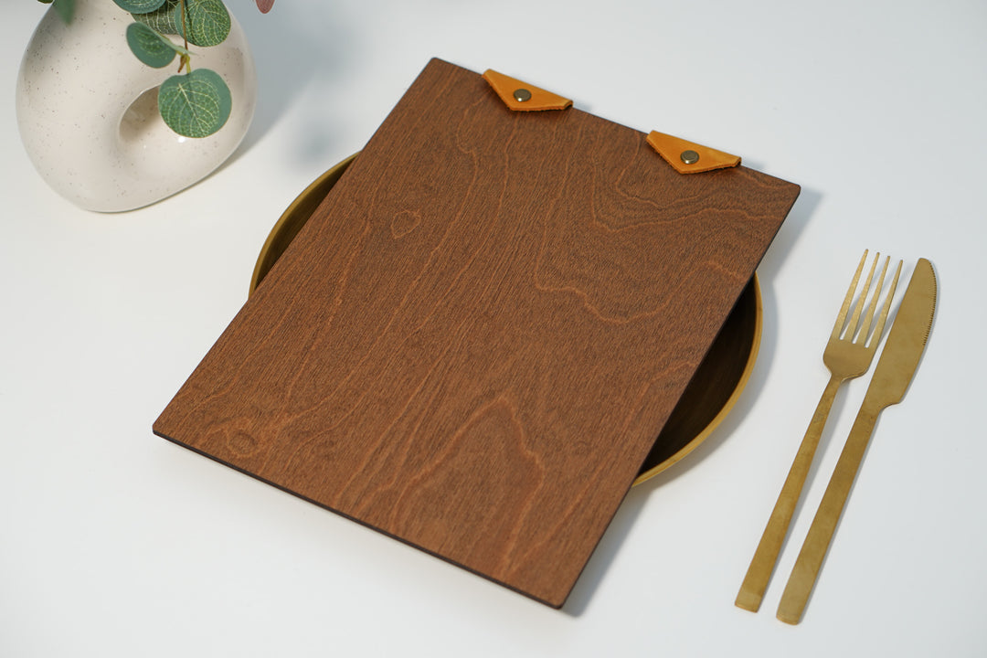 Personalized Wooden Menu Board with Leather Clip: Restaurant Cafe Menu Cover