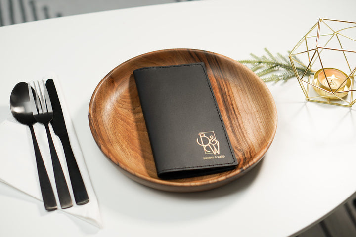 Black Leather Check Presenter: Restaurant Bill Holder with Custom Embossing
