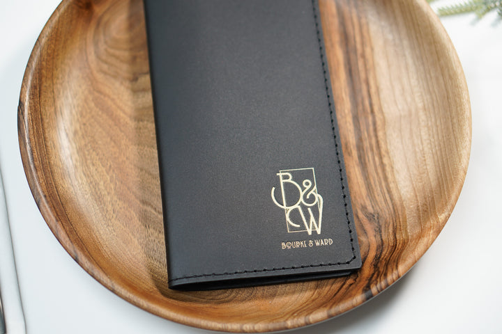 Black Leather Check Presenter: Restaurant Bill Holder with Custom Embossing
