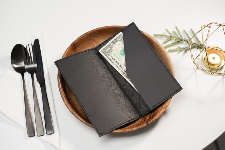 Black Leather Check Presenter: Restaurant Bill Holder with Custom Embossing