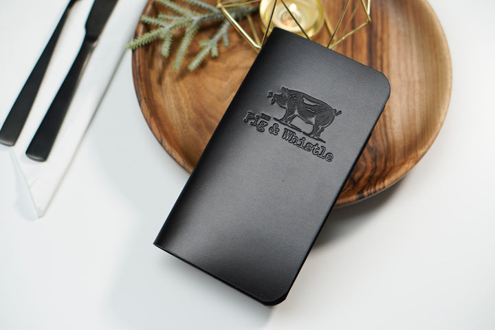 Black Leather Check Presenter: Restaurant Bill Holder with Custom Embossing