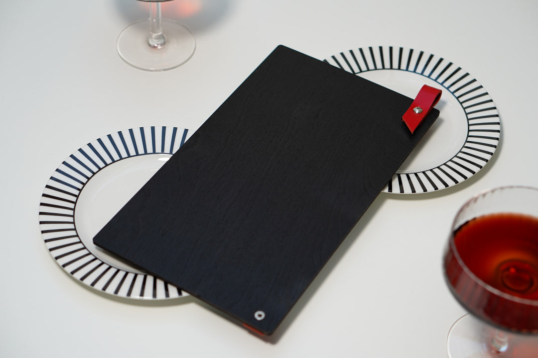 Engraved Wooden Menu Holder with Leather Strap