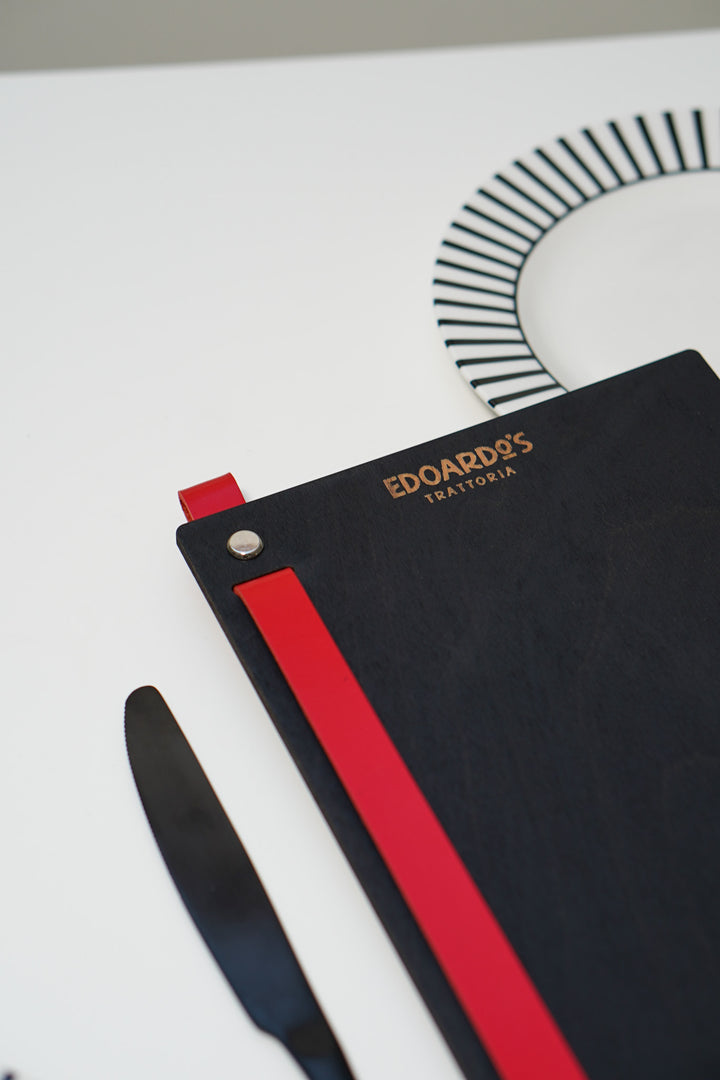 Engraved Wooden Menu Holder with Leather Strap