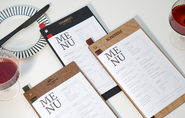 Engraved Wooden Menu Holder with Leather Strap