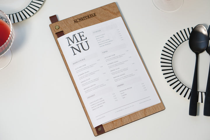 Engraved Wooden Menu Holder with Leather Strap