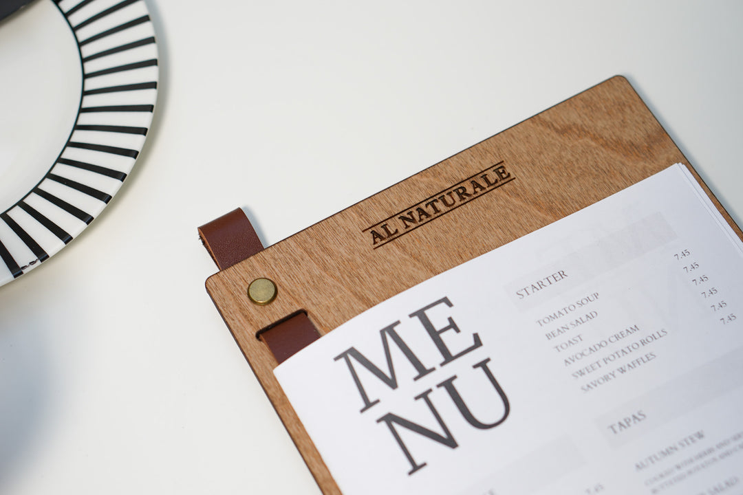 Engraved Wooden Menu Holder with Leather Strap