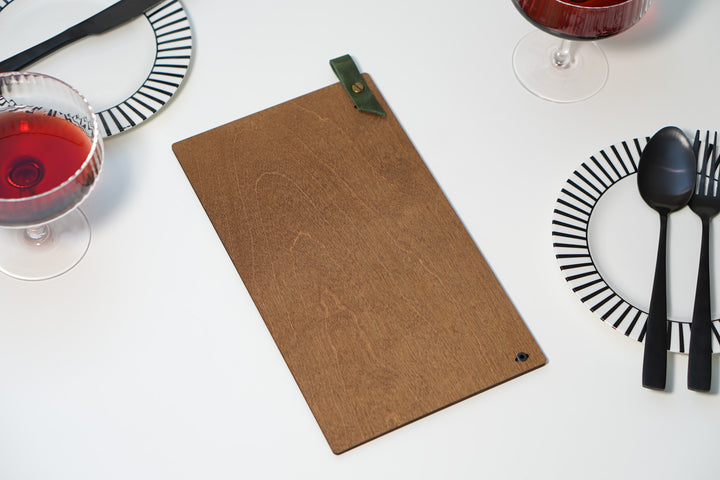 Engraved Wooden Menu Holder with Leather Strap
