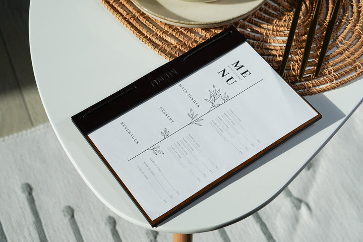 Leather Menu board: Wooden Restaurant Menu, Custom Logo