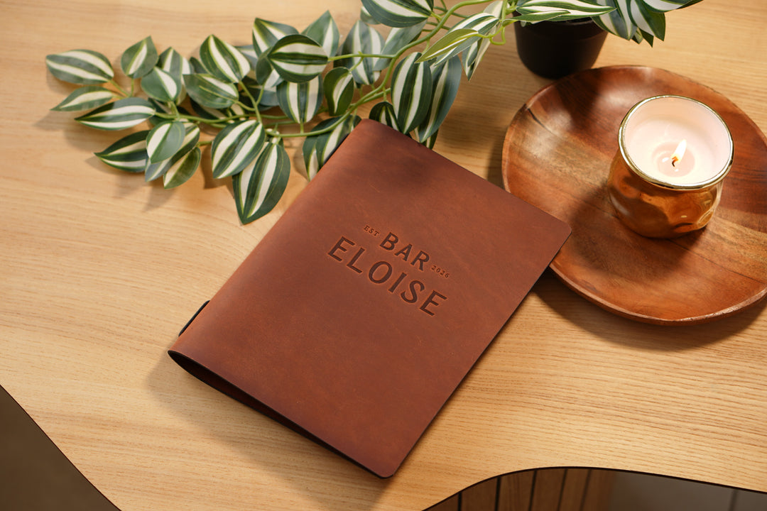 Vintage Leather Restaurant MenuFolder, Cafe Menu with Elastic Band