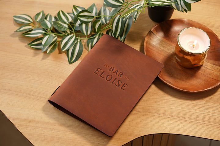 Vintage Leather Restaurant MenuFolder, Cafe Menu with Elastic Band