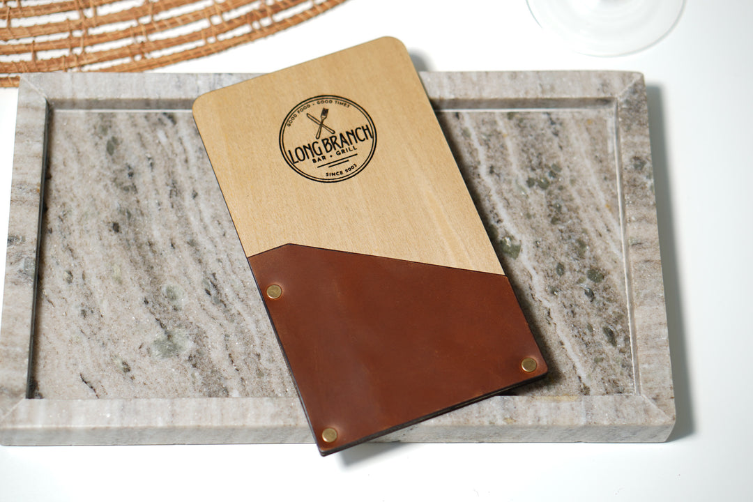 Personalized Wood & Leather Restaurant Check Presenter: Custom Bill Holder