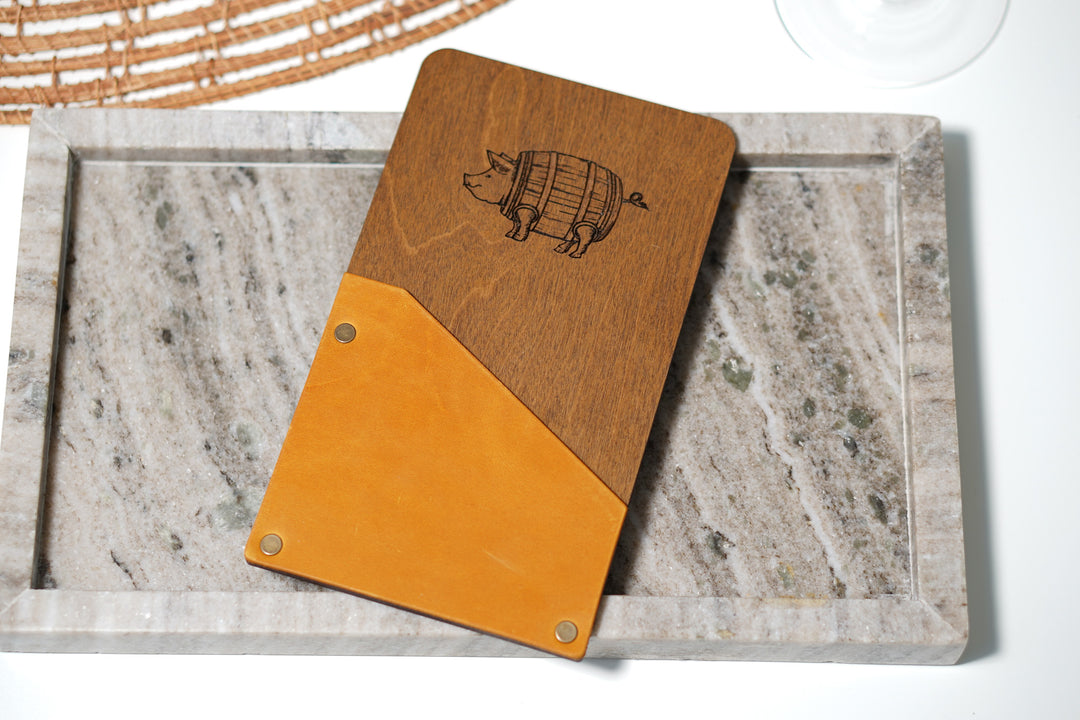 Personalized Wood & Leather Restaurant Check Presenter: Custom Bill Holder