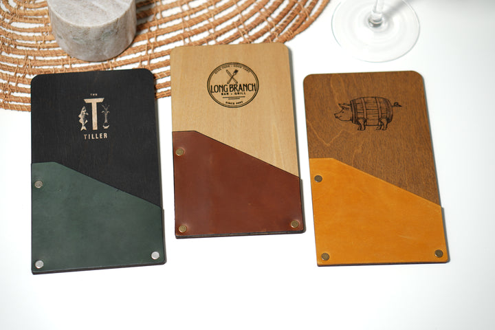 Personalized Wood & Leather Restaurant Check Presenter: Custom Bill Holder