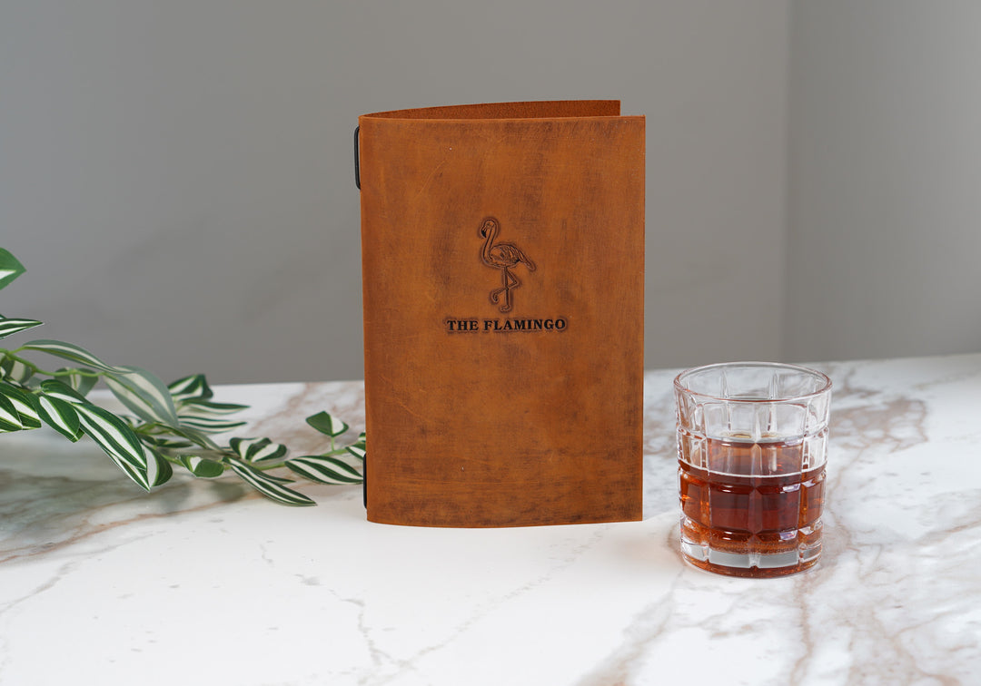 Distressed Leather Restaurant Menu Cover, Personalised Menu Holder, Custom Logo, Embossed Folder, Cafe Bar