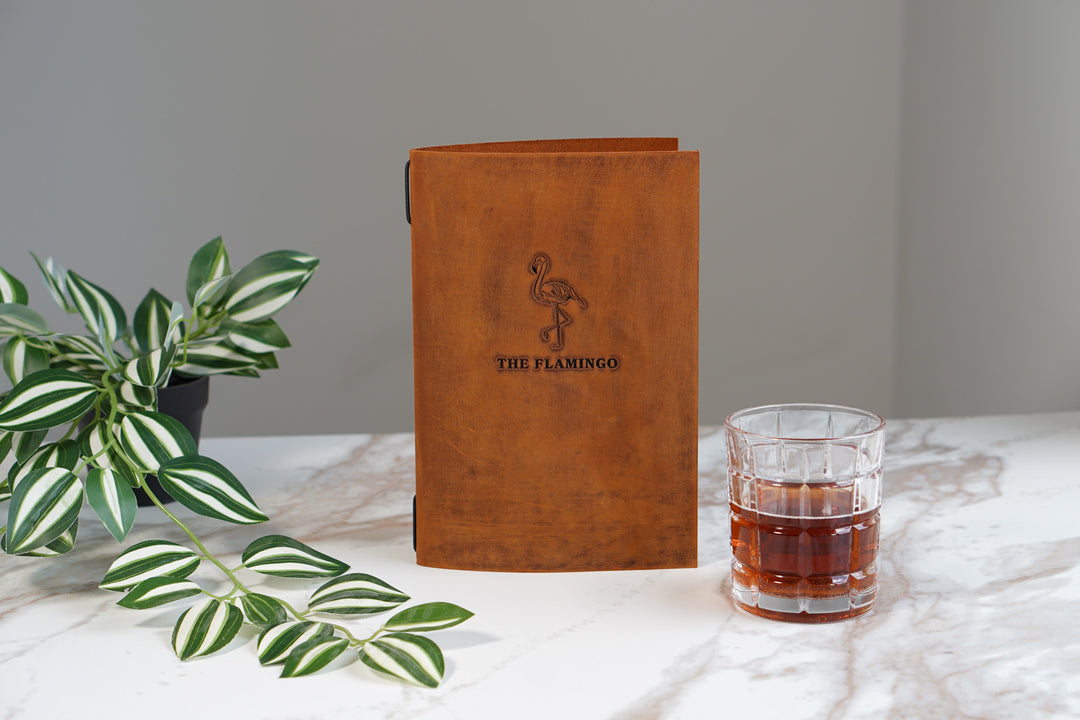 Distressed Leather Restaurant Menu Cover, Personalised Menu Holder, Custom Logo, Embossed Folder, Cafe Bar