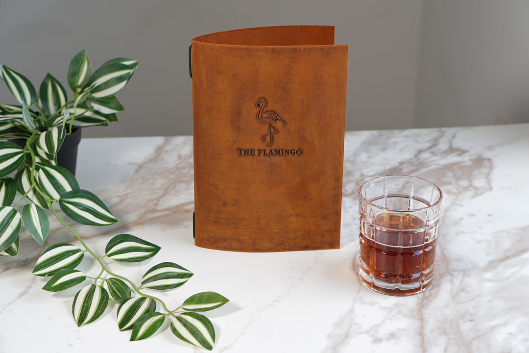 Distressed Leather Restaurant Menu Cover, Personalised Menu Holder, Custom Logo, Embossed Folder, Cafe Bar
