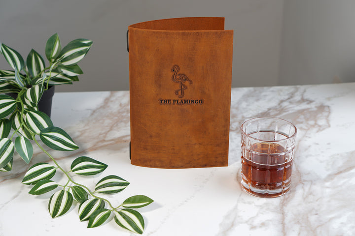 Distressed Leather Restaurant Menu Cover, Personalised Menu Holder, Custom Logo, Embossed Folder, Cafe Bar
