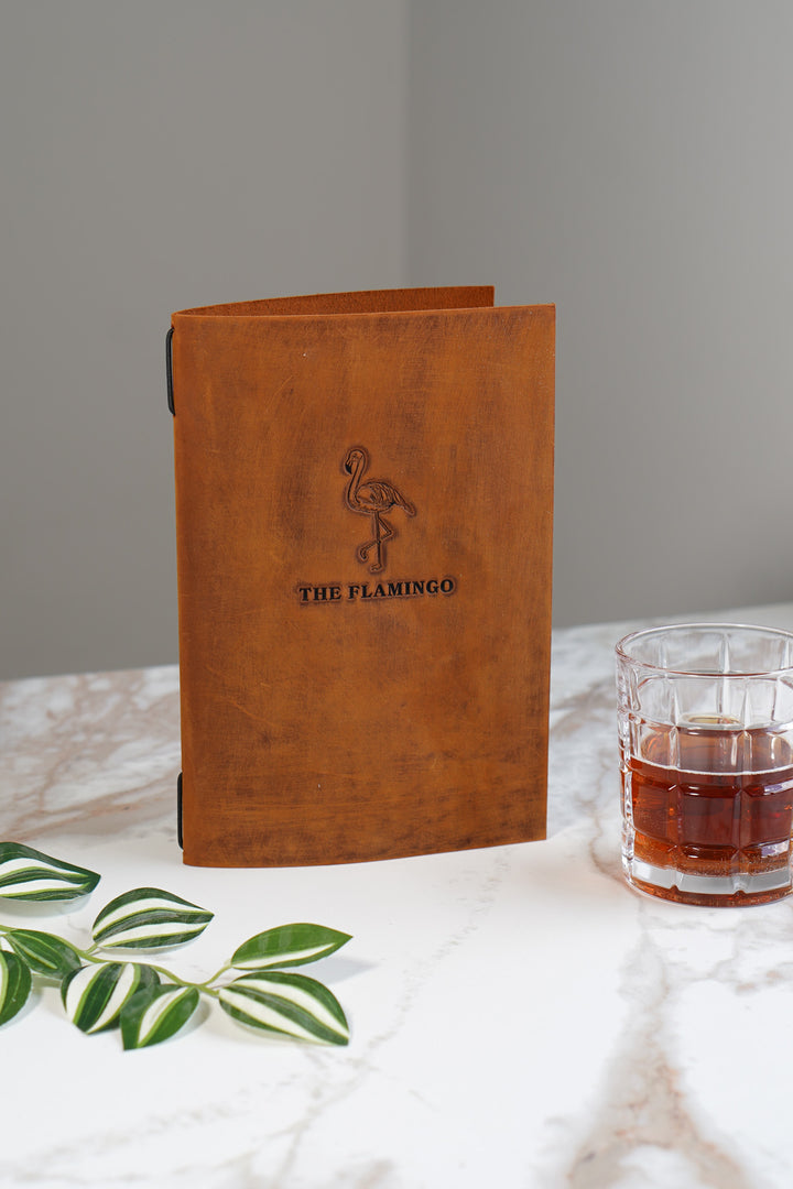 Distressed Leather Restaurant Menu Cover, Personalised Menu Holder, Custom Logo, Embossed Folder, Cafe Bar