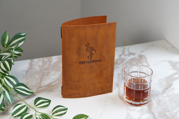 Distressed Leather Restaurant Menu Cover, Personalised Menu Holder, Custom Logo, Embossed Folder, Cafe Bar