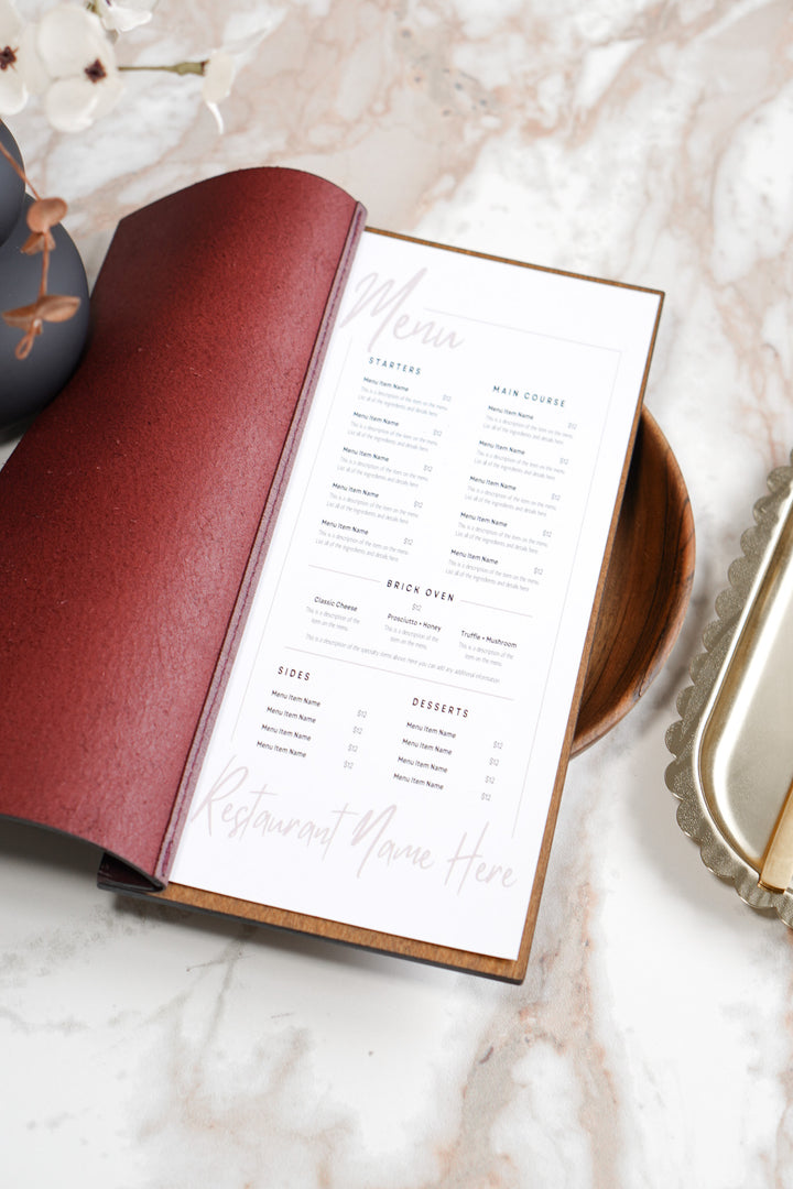 Wood and Leather Wine Menu, Custom Leather Menu Cover