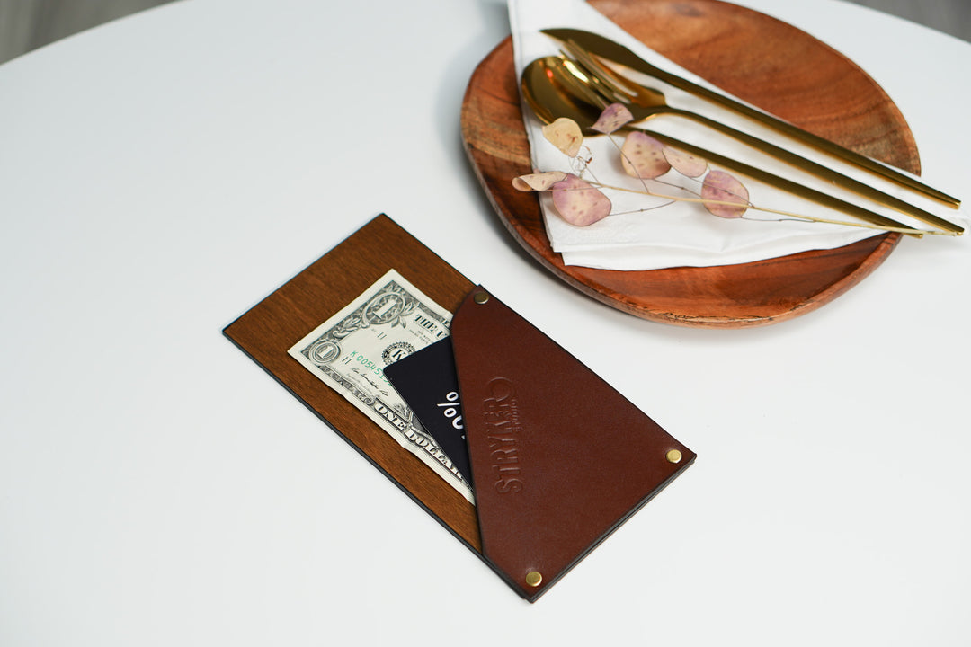 Leather Check Presenter: Wooden Bill Holder with Embossing