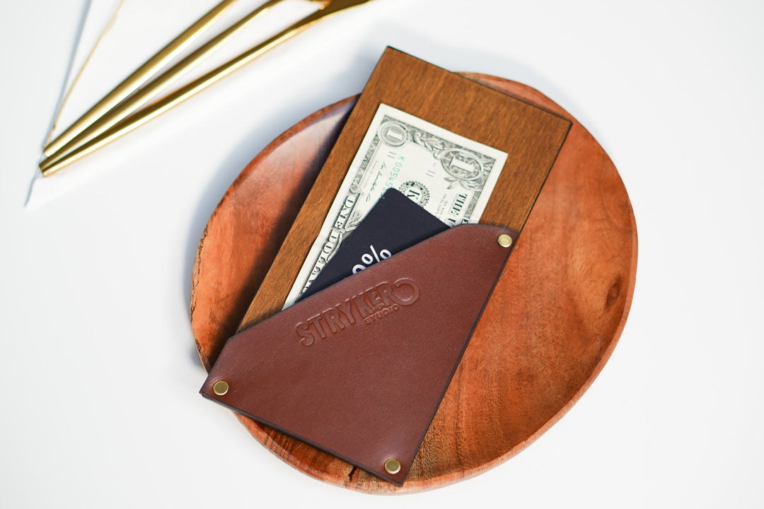 Leather Check Presenter: Wooden Bill Holder with Embossing