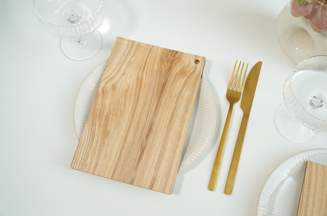 Customizable Wooden Menu Board: Ashwood with Leather Accent