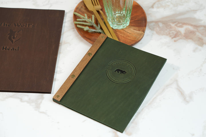 Embossed Leather & Wood Restaurant Menu: Vintage Menu Folder