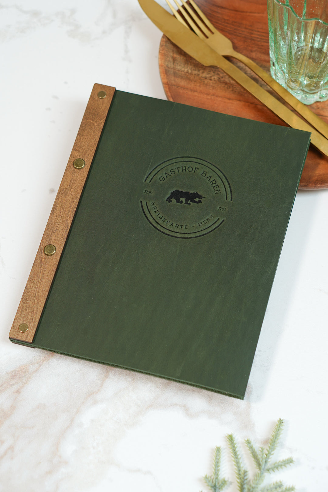 Embossed Leather & Wood Restaurant Menu: Vintage Menu Folder