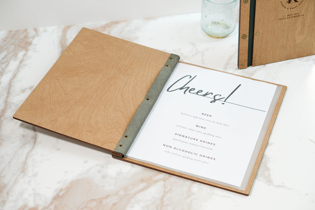 Engraved Wood & Leather Menu Holder: Customizable Restaurant Menu