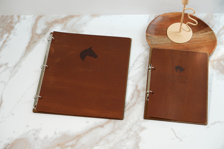 Personalized Wood Menu Cover: Engraved Logo, Ring Binder, Leather Accents