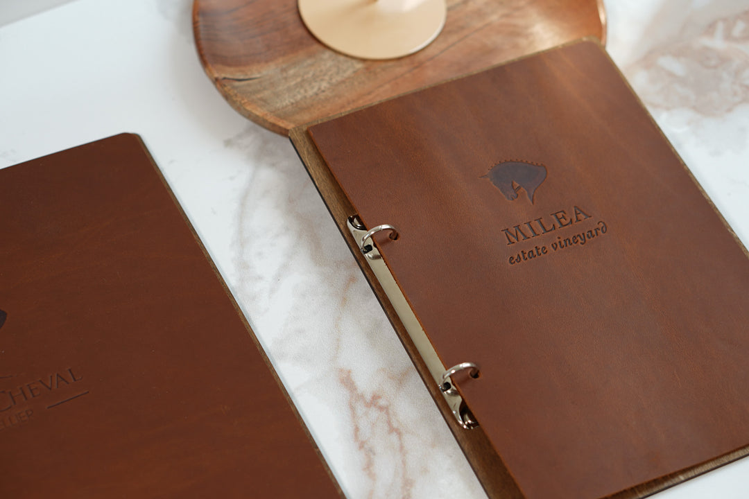 Personalized Wood Menu Cover: Engraved Logo, Ring Binder, Leather Accents