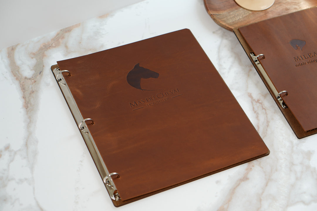 Personalized Wood Menu Cover: Engraved Logo, Ring Binder, Leather Accents
