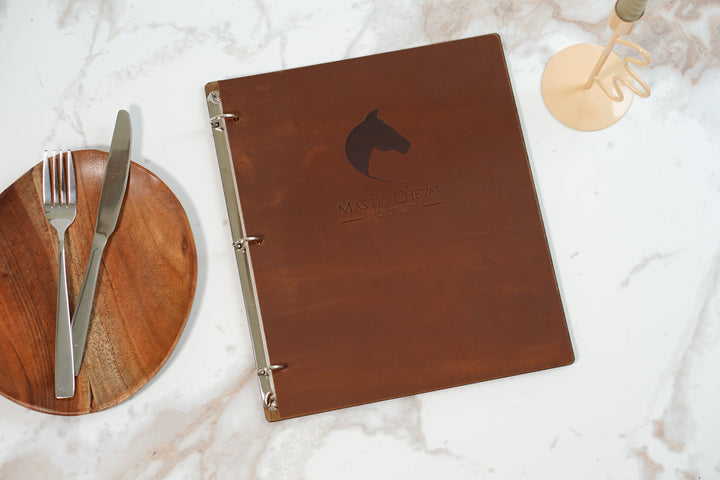 Personalized Wood Menu Cover: Engraved Logo, Ring Binder, Leather Accents