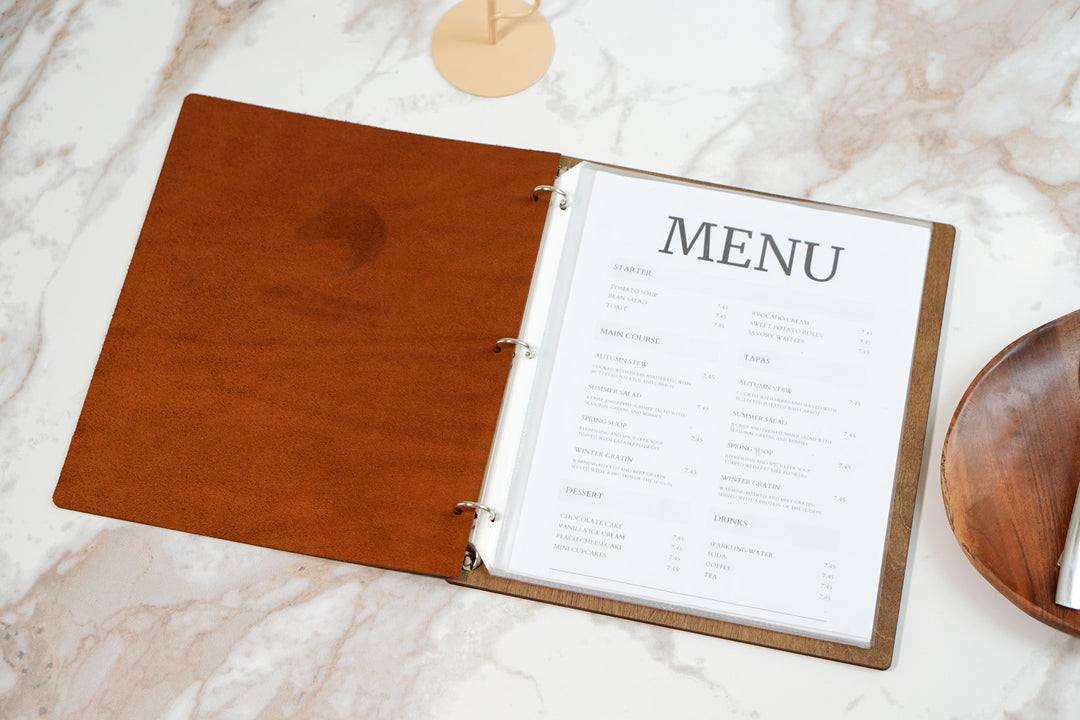 Personalized Wood Menu Cover: Engraved Logo, Ring Binder, Leather Accents