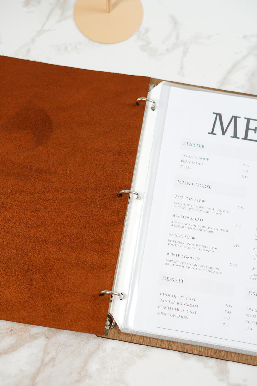 Personalized Wood Menu Cover: Engraved Logo, Ring Binder, Leather Accents