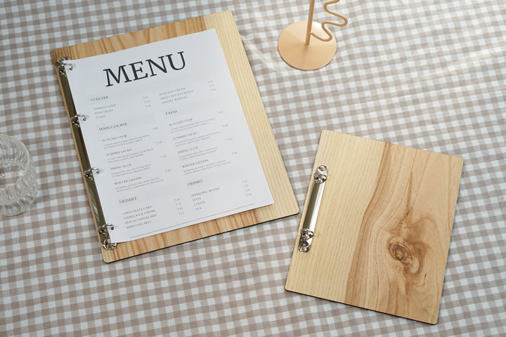 Personalized Wood Menu Cover: Engraved Logo Ring Binder